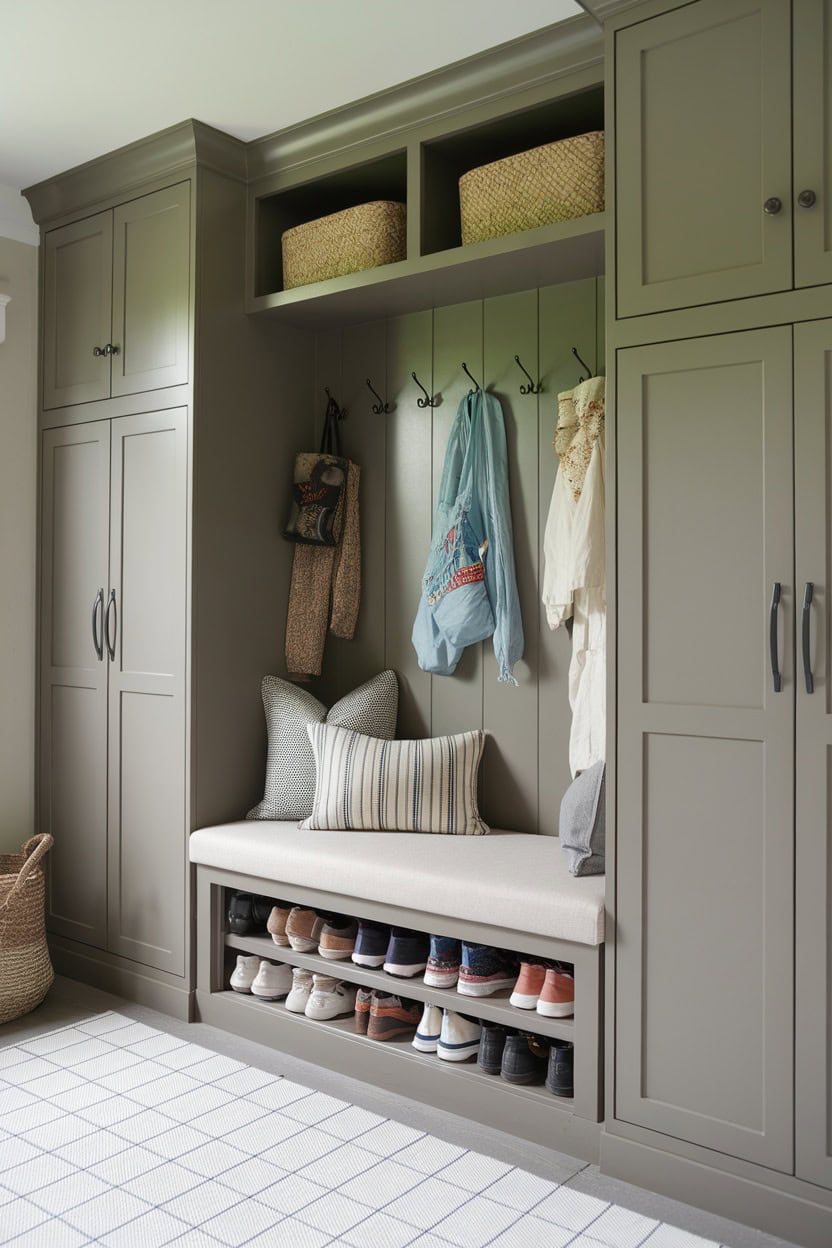 Mudroom with gray cabinets, hidden bench storage and organized shoe space.