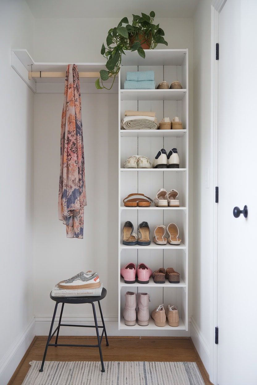 A small mudroom with a vertical storage tower with shelves for shoes and accessories.