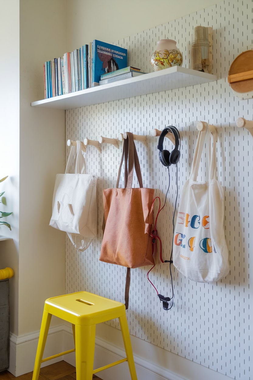 A small mudroom with a pegboard wall with pockets, headphones and a shelf of books.