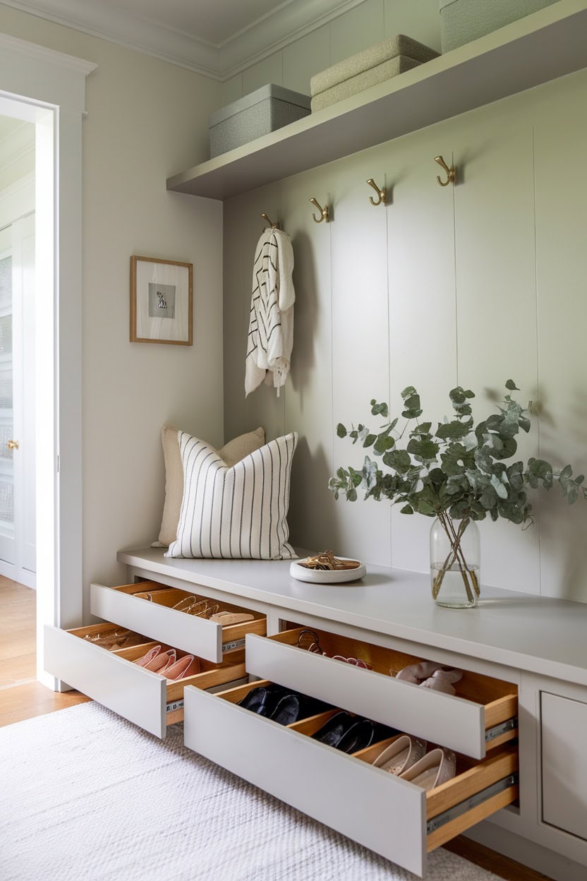 A cozy small bathroom with hidden drawers, a seating area and decorative elements.