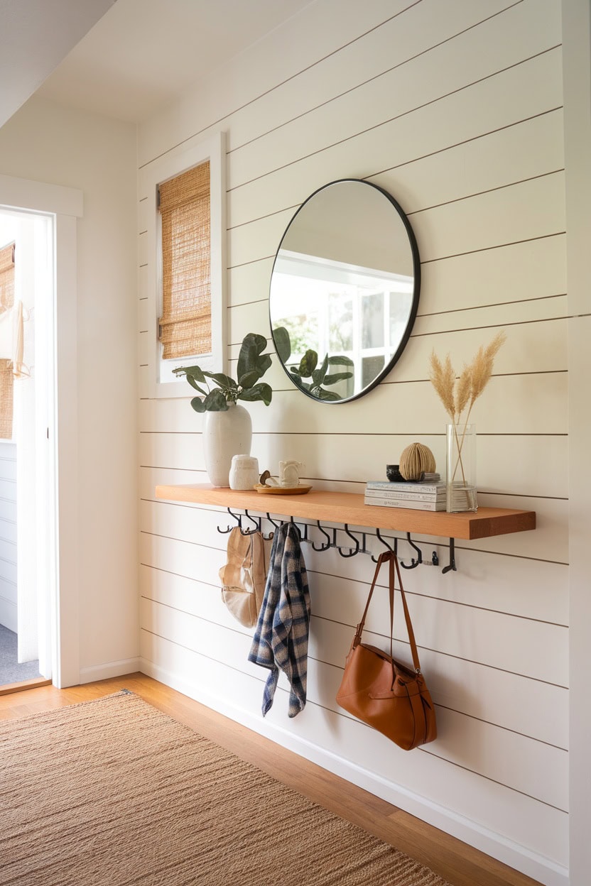 Tiny mudroom with floating console shelf with hooks, a mirror and decorative elements.