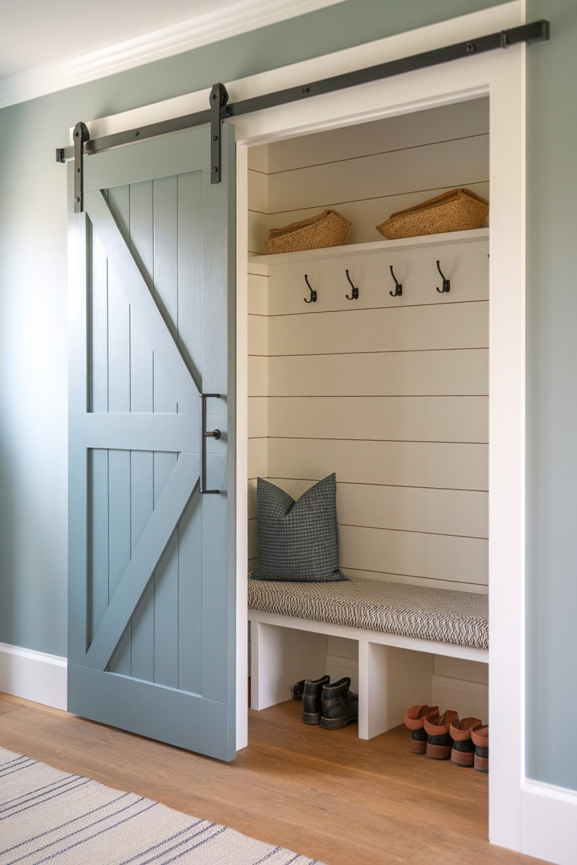 A tiny mudroom with a sliding barn door, bench, hooks and storage baskets.