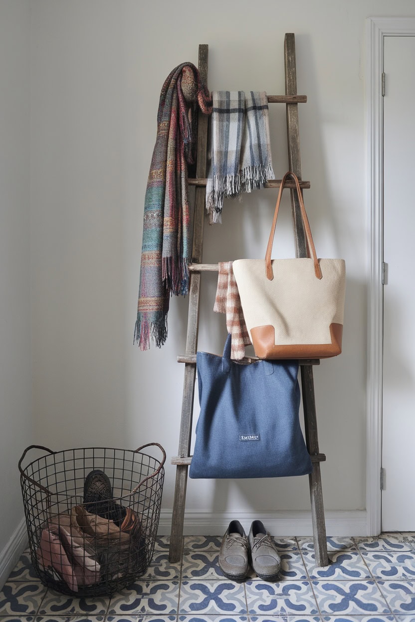 A rustic ladder stand for displaying scarves and bags in a cozy mudroom setting.