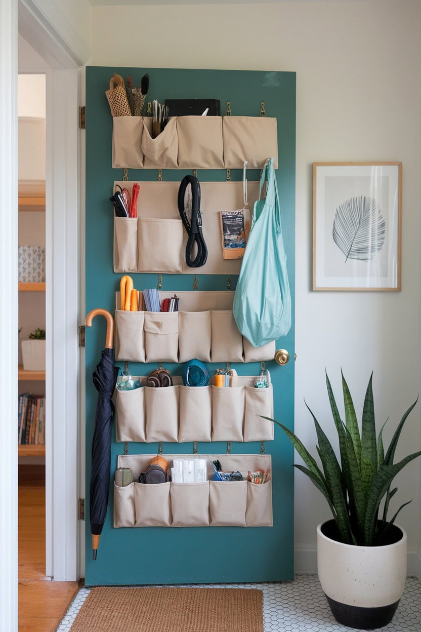 A colorful door with multiple fabric storage pockets to store various items such as umbrellas, bags and tools.