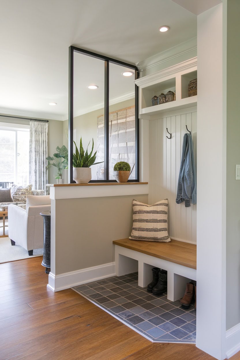 A small mudroom with a half-wall partition with a bench, hooks for coats and decorative plants.