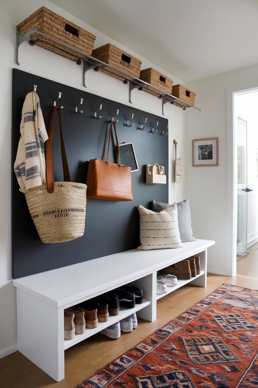 A tiny mudroom with magnetic wall panels with hooks, baskets and a bench.