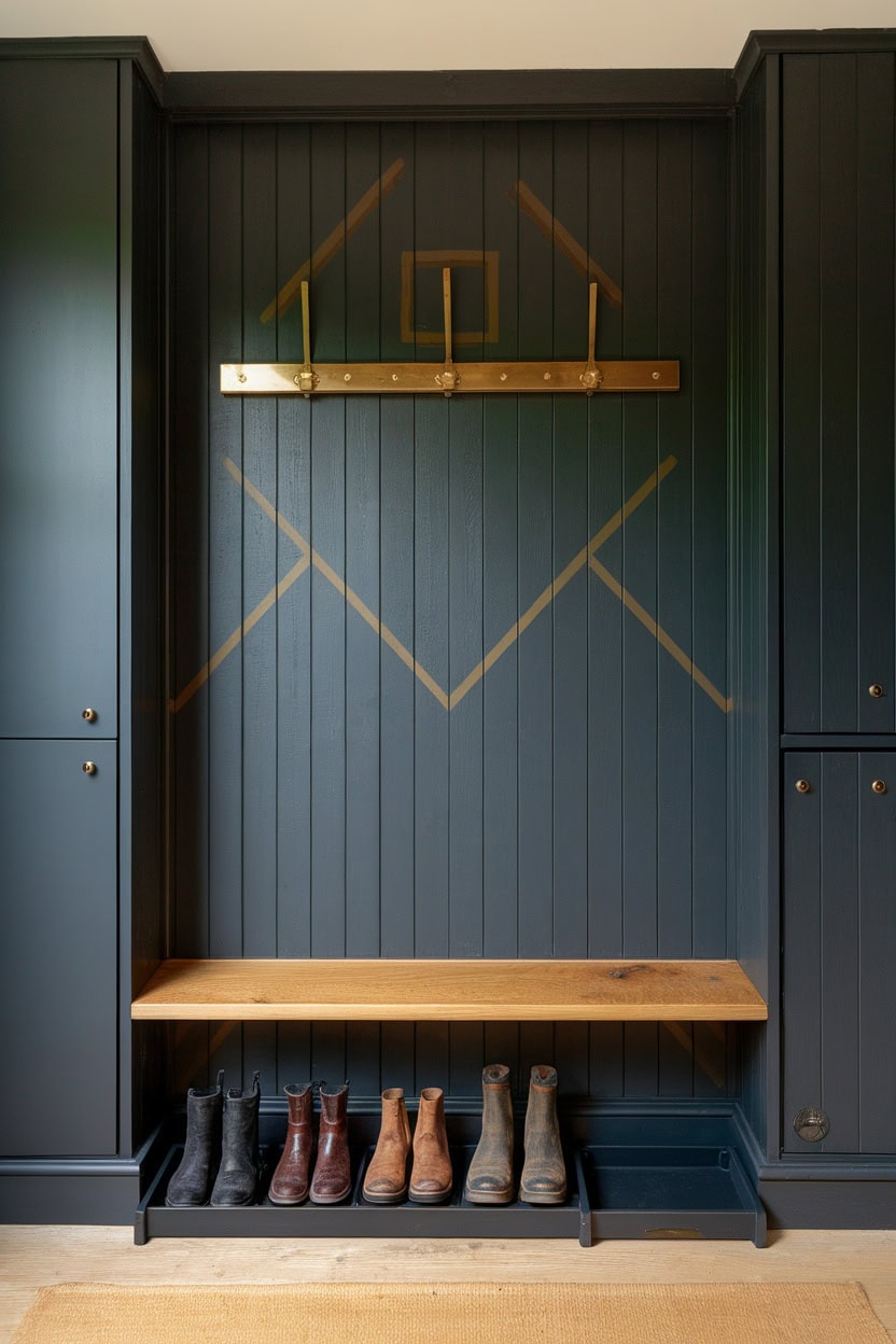 Tiny mudroom with a fold down wall bench with dark blue walls and a shelf above.