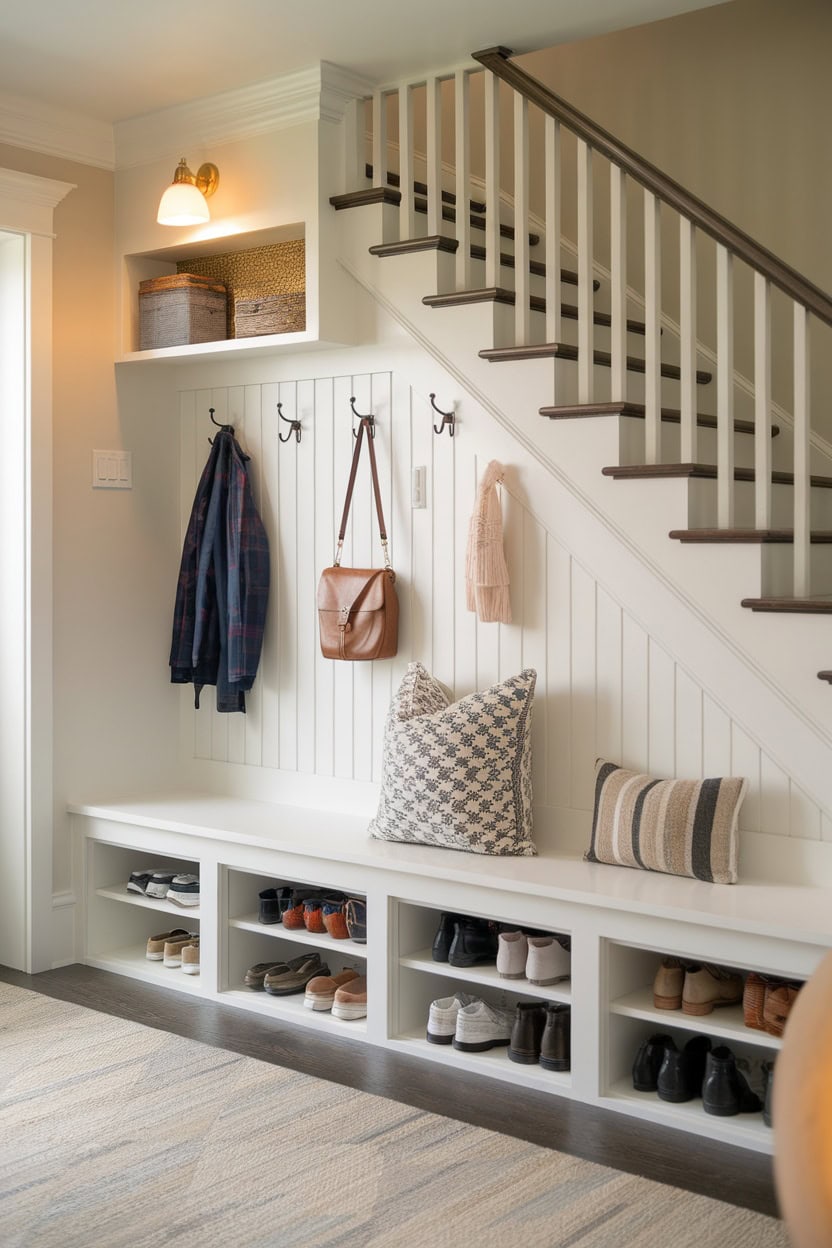 A small mudroom with storage under the stairs with hooks for jackets and bags and a bench with shoe storage.