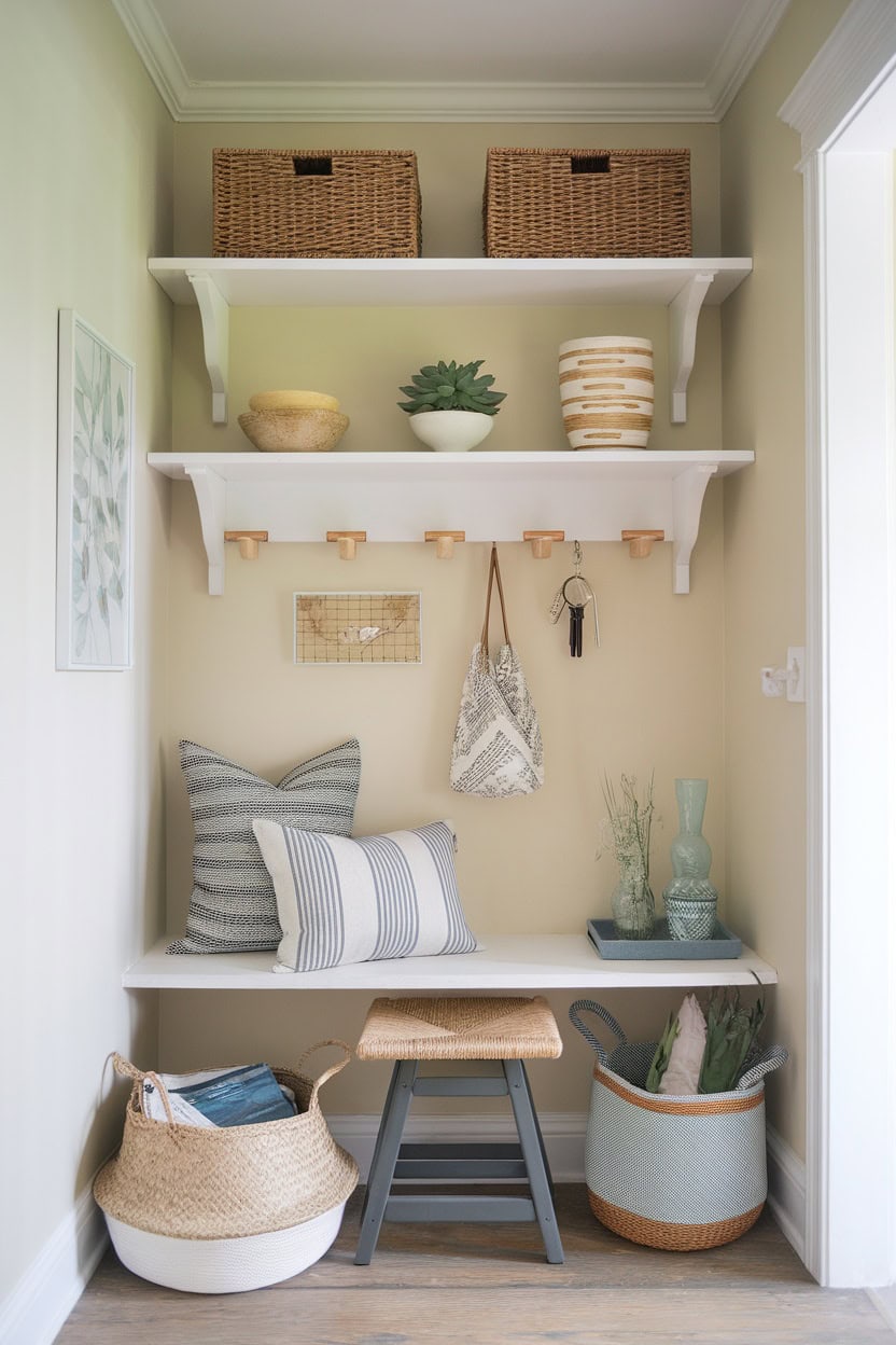 A cozy small bathroom with corner shelves with decorative items and a small bench