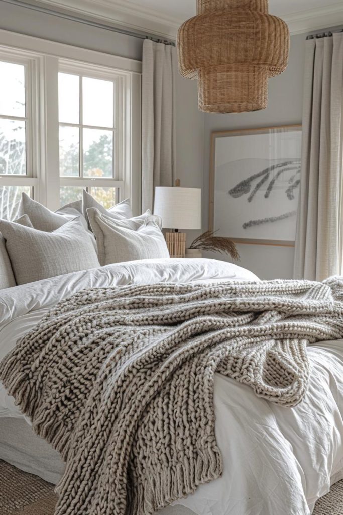 Warm knit throws lie casually across an inviting bed, amid a room of carefully chosen grays and rich textures. The finished look is an inviting space that's hard to leave in the morning.