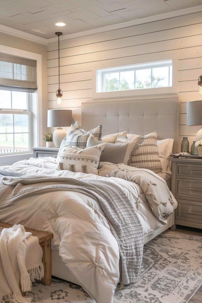 Add stunning accents to create a beautiful bedroom. This bedroom's vintage-inspired nightstands with delicate gray lampshades flank a master bed, adding to the room's gentle vibe.