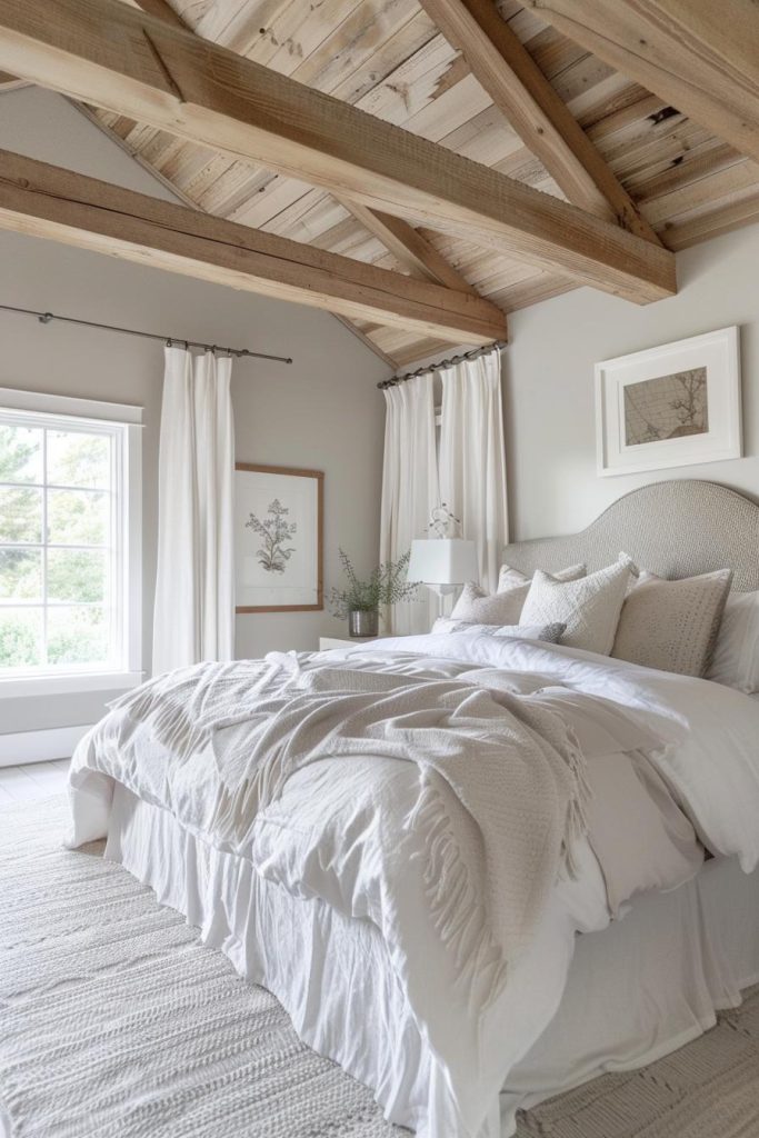 Magnificent wood-beamed ceilings contrast beautifully with light gray walls and a bed dressed in white linens, framing a space that is both rustic and sophisticated in its farmhouse charm.