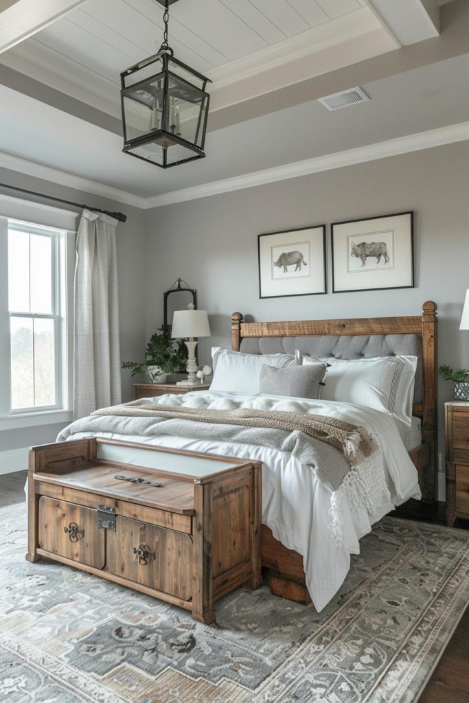 Be enchanted by worn wooden furniture against pale gray walls. This combination of weathered wood against the understated backdrop creates a feeling of enduring elegance and rustic charm, a nod to a country-inspired aesthetic with timeless appeal.