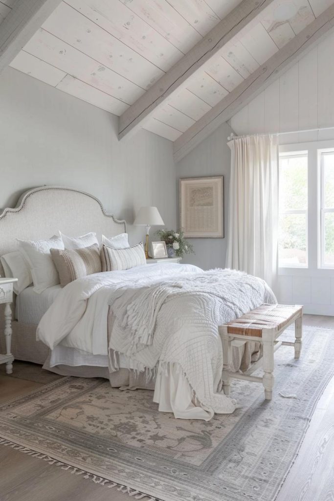 Gray can be such a relaxing color. In this room, light gray walls create a tranquil backdrop for a country-style bedroom with a comfortable bed flanked by white side tables and cute little knick-knacks.