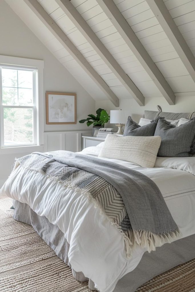 Anthracite accent pillows, along with a range of white and gray throw pillows, make a clear statement against the crisp white duvet and reflect the mix of traditional and modern country house style.