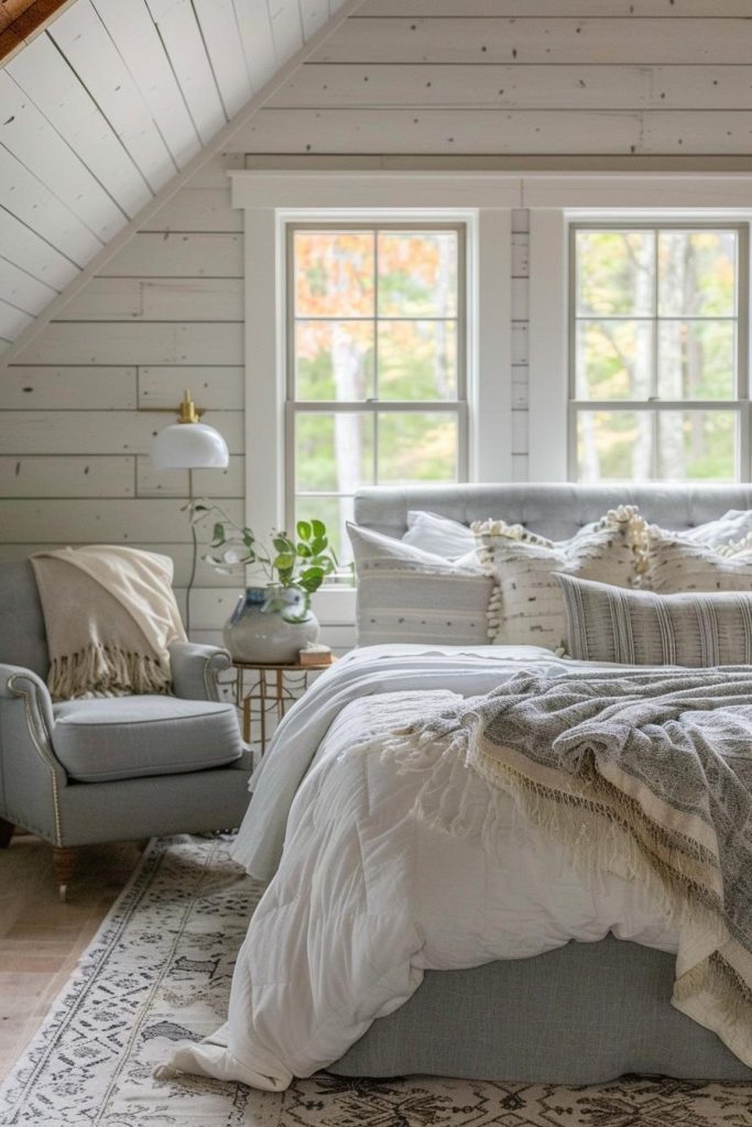 The playful contrast between white ship walls and soft gray textiles on the bed and matching armchair captures the carefree essence of a pretty, minimalist, Scandinavian-inspired oasis.