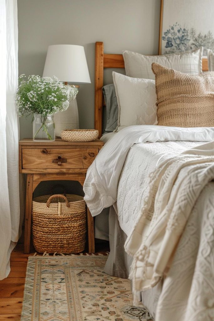 Woven baskets under a natural wood nightstand and next to a large bed with an embroidered white bedspread provide a sense of warmth in this farmhouse-inspired bedroom.