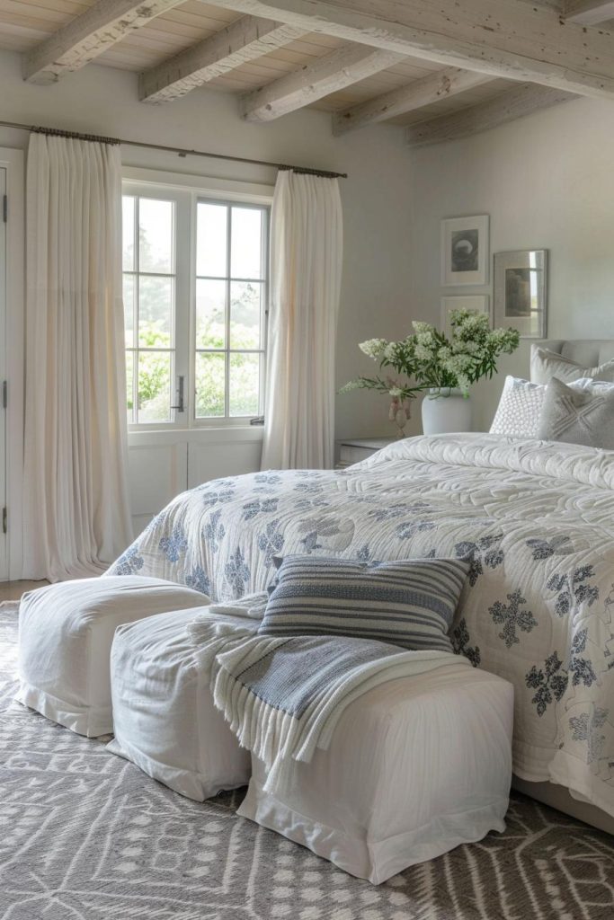 This room brings together fluffy white ottomans that match a large and serene bed covered with a soft blue-gray embroidered quilt that breathes life into the calm gray palette and evokes a sense of calm. 