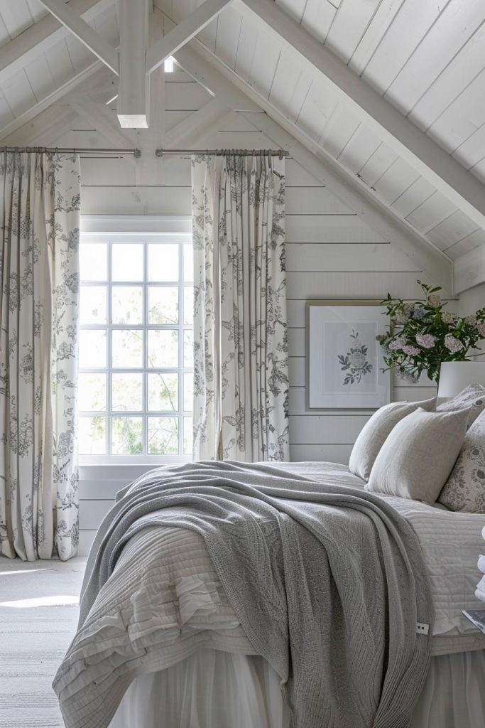 Thanks to the combination of white and soft gray tones interspersed with muted floral patterns, this room exudes a charming country house atmosphere. It proves that you can achieve cottagecore style without resorting to bright colors.