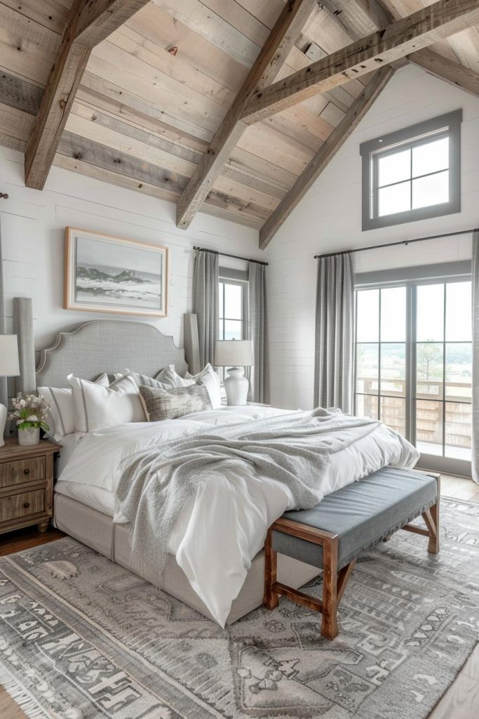 Natural wood elements speak of rustic living and find a perfect home in this gray rustic farmhouse bedroom idea, delicately surrounded by layers of soft gray bedding and decor.