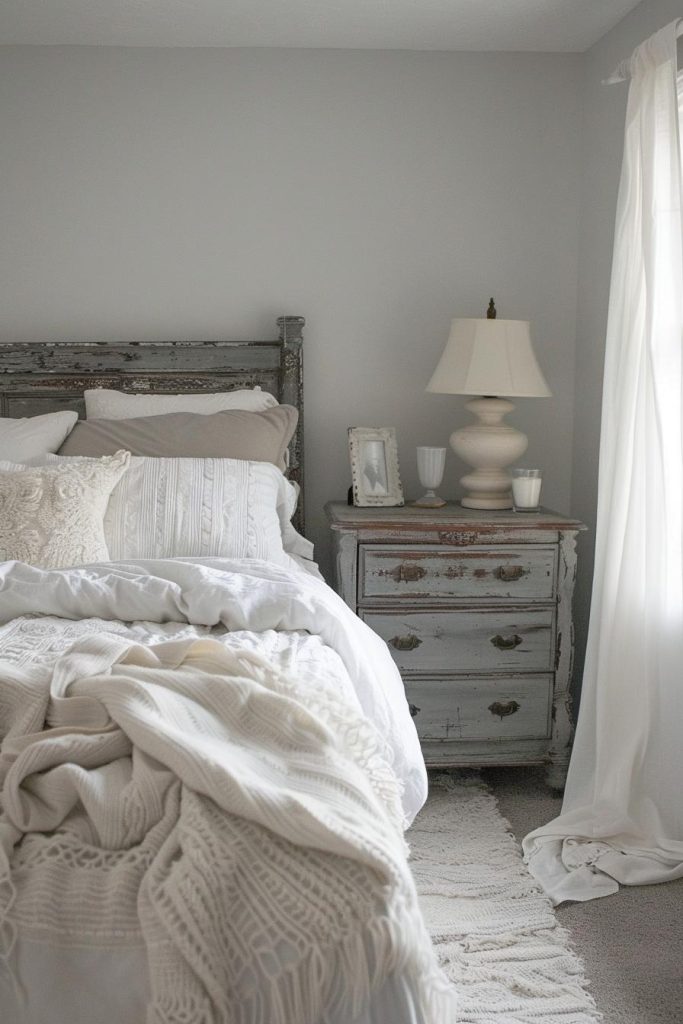 A worn gray bedside table next to a fluffy white bed offers space for a quaint antique lamp and treasured bedtime reading, exuding a mix of functionality and rustic style.