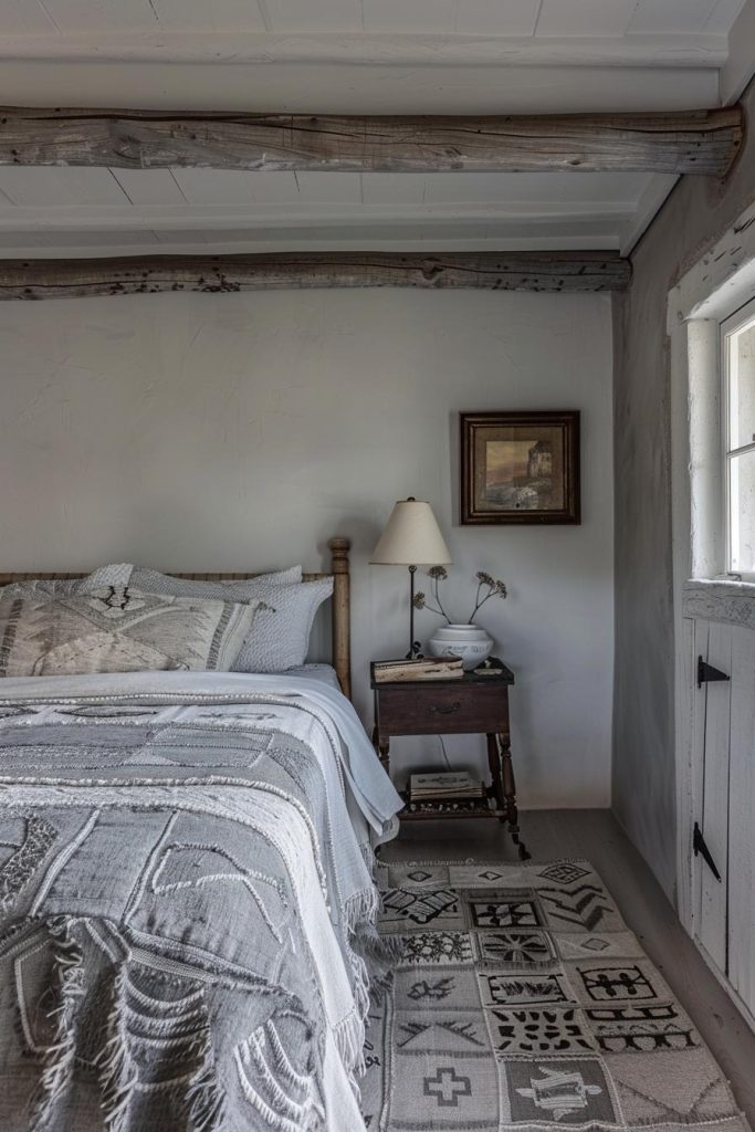 Atop the bedspread lies a hand-sewn quilt in varying shades of gray, evoking images of a bygone era in this minimalist sanctuary.