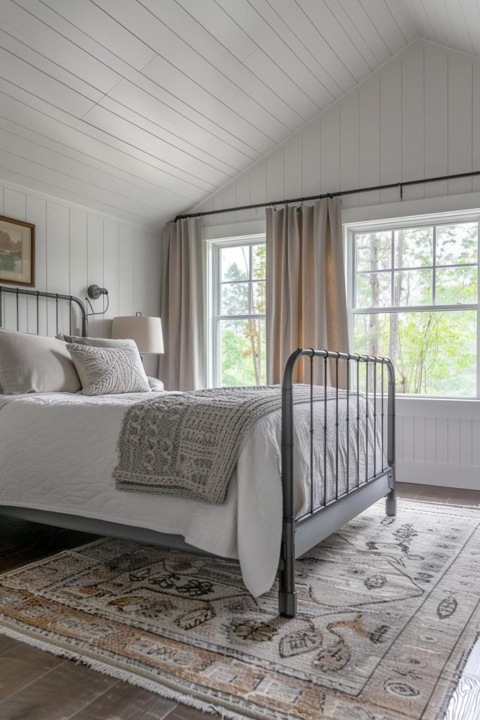 Experience the seamless fusion of the sleek lines of a metal bed frame with the inviting warmth of farmhouse design, all in a cool gray finish. This fusion of contrasting elements creates an intriguing blend of modern and rustic aesthetics, offering a unique and welcoming atmosphere.