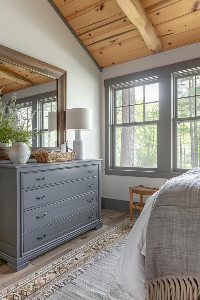 A modern gray chest of drawers exudes elegant functionality paired with the warm wooden tones of a country-style bedroom.