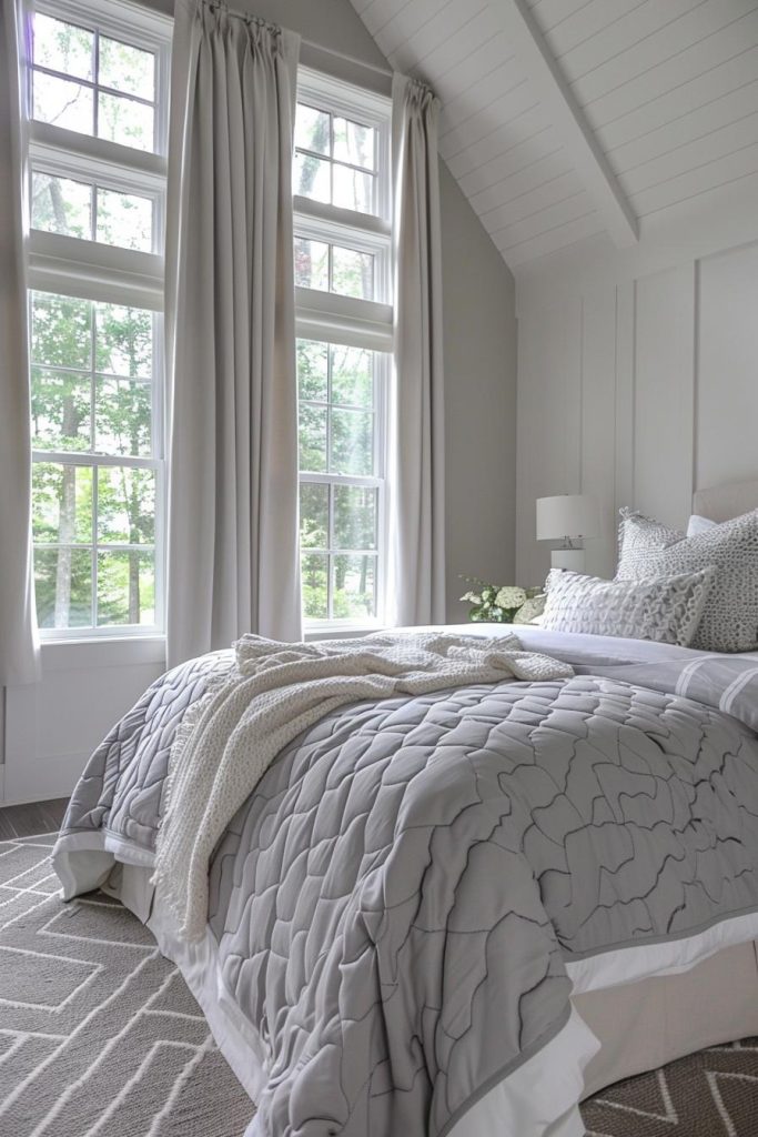 A modern gray chest of drawers exudes elegant functionality paired with the warm wooden tones of a country-style bedroom.