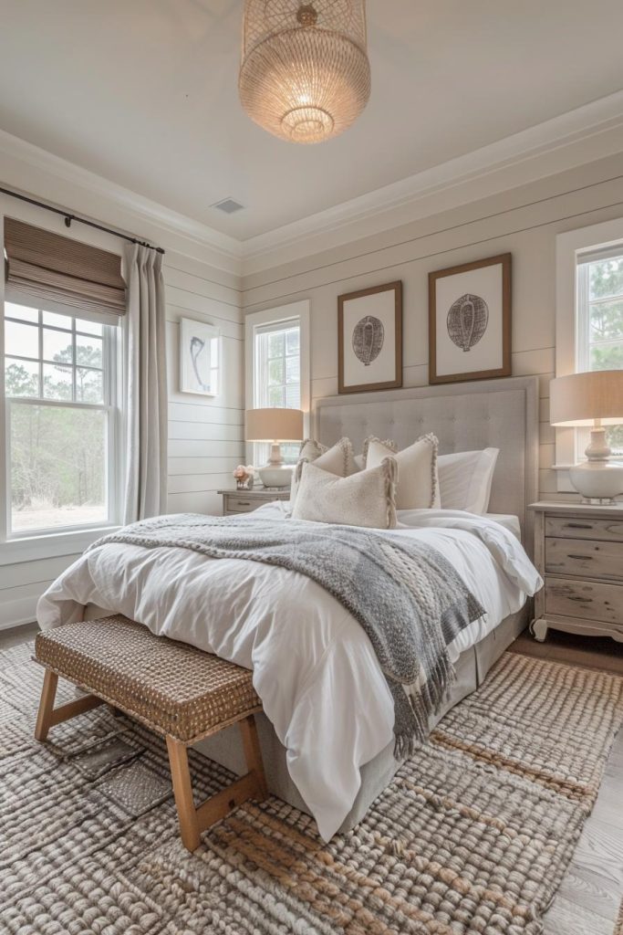 The room is wrapped in dreamy soft gray tones, creating an inviting country-style retreat. The calming color palette evokes a feeling of calm and serenity, setting the stage for a restful and peaceful environment.