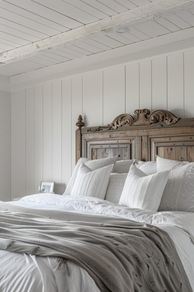 The solid silhouette of a traditionally carved, rustic wooden headboard stands out and is softened by the surrounding color palette of gray and white.