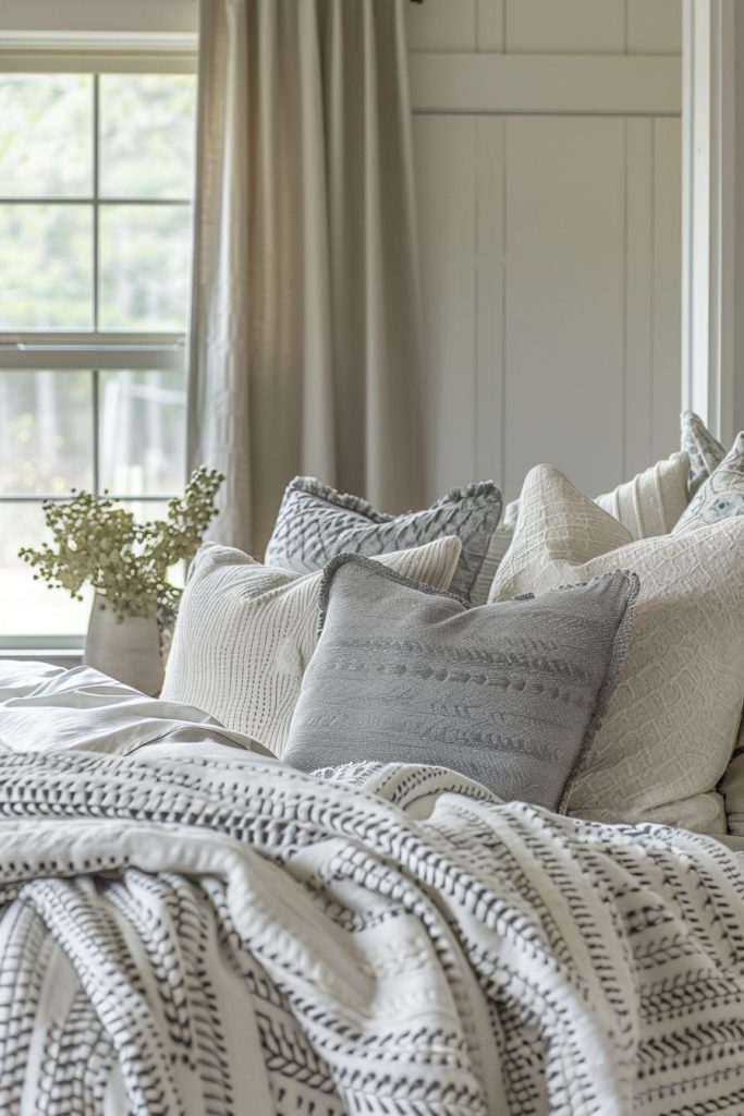 Layers of patterned pillows add charming elegance against the neutral backdrop of a gray bedroom. The carefully selected selection of patterns and textures on the cushions add depth and visual interest to the room, evoking a feeling of rustic grace and comfort.