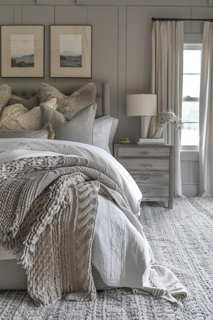 A mix of fabrics and textures blends beautifully with the soft gray palette of a country-style bedroom. The thoughtful mix of different materials and surfaces creates a tactile and visually rich environment that invites touch and delights the senses.