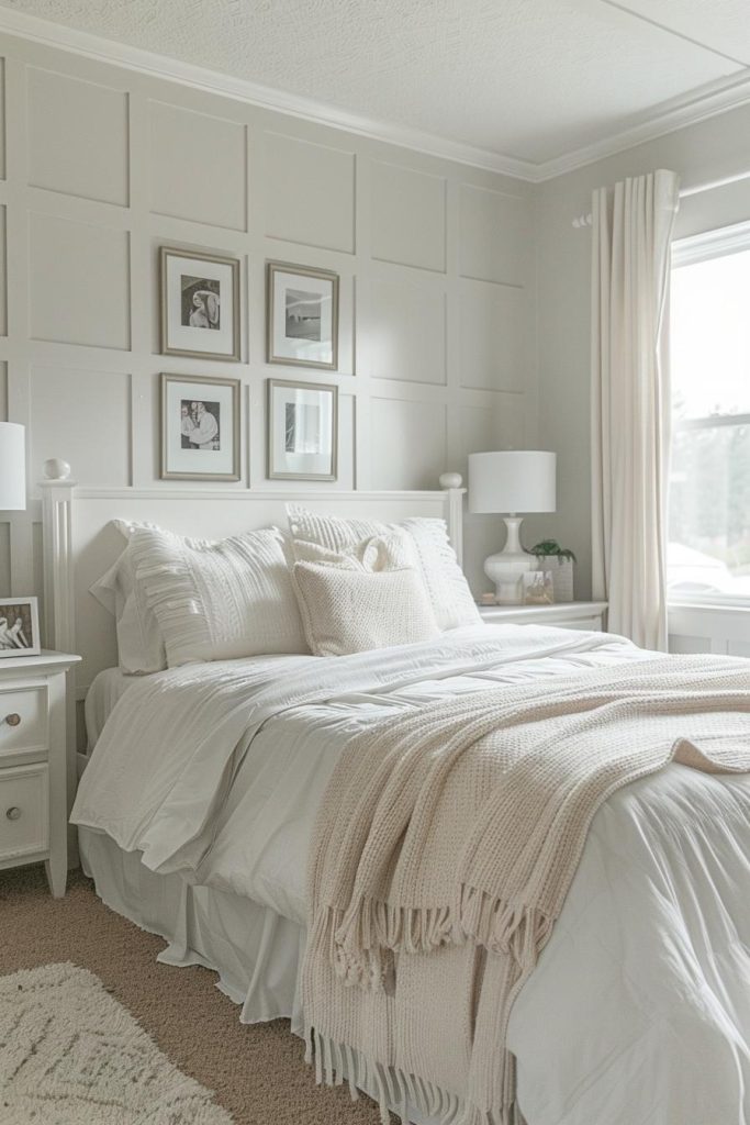 This charming gray country style bedroom idea features light gray walls and white furniture with minimal decoration, aside from beautifully framed photos on every surface, making the room a lovely walk down memory lane.