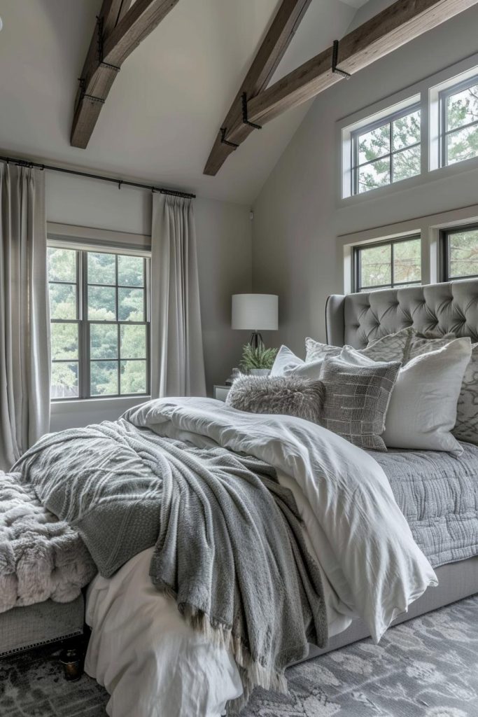 Beautiful velvety gray throws throughout the room add subtle opulence and emphasize the coziness factor within the bedroom's farmhouse aesthetic. They also ensure that every surface is comfortable and cozy.