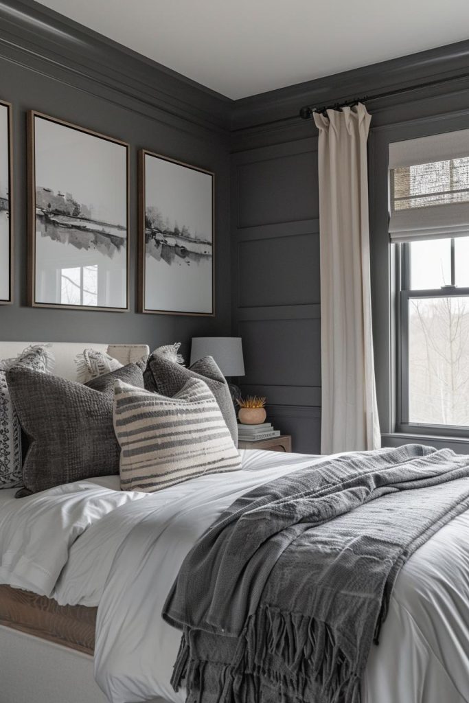 A gorgeous white wooden headboard with pretty floral patterns forms the focal point of the room, topped with the soft neutrality of gray linens.