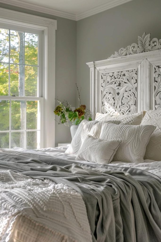 Subtle patterns on thick gray linens add a classy touch to the otherwise simple decor of a traditional, white-filled, country-style bedroom.