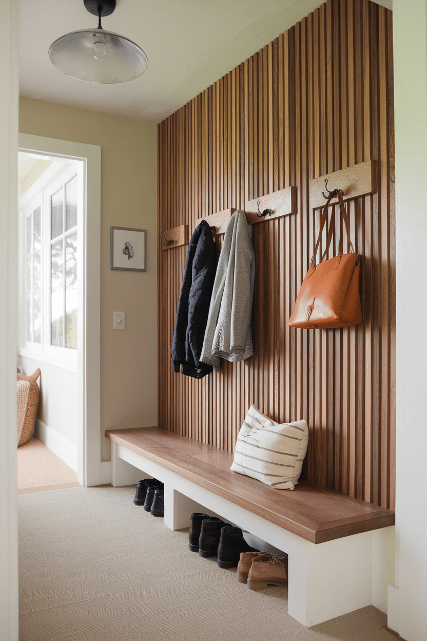 Mudroom hallway with a wooden slat wall with hooks for coats, a bench and shoes underneath.