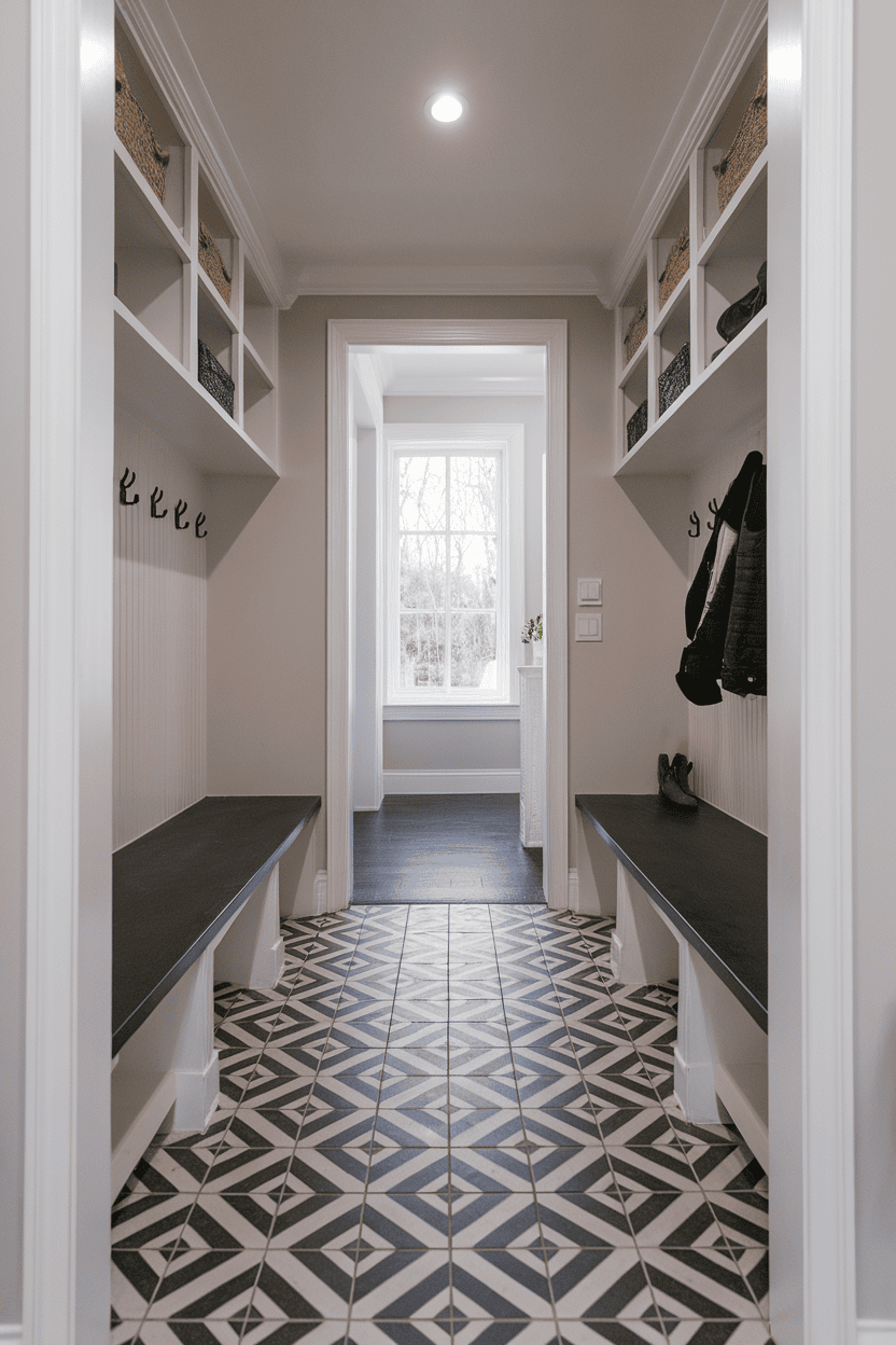 Dirty hallway with patterned floor tiles, benches and storage space.