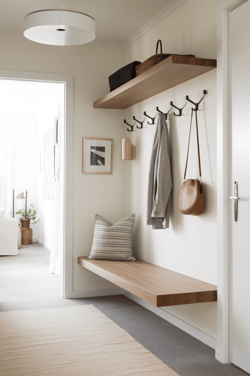 Mudroom hallway with a floating bench, hooks for hanging items and a decorative pillow.