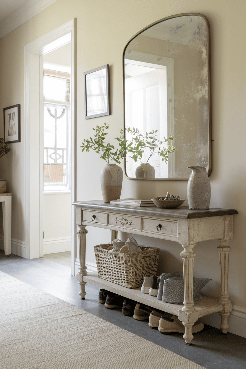 A vintage console table in a mudroom hallway with a large mirror, vases of greenery, and neatly organized shoes.