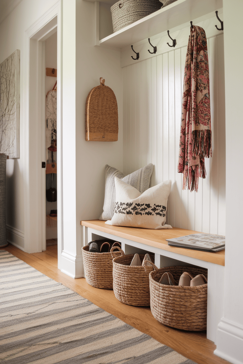 A cozy mud room hallway with woven baskets for storage, a wooden bench and decorative pillows.