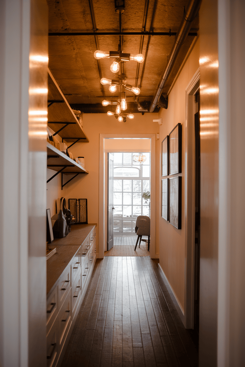 A stylish mudroom hallway with industrial lighting and practical storage solutions.