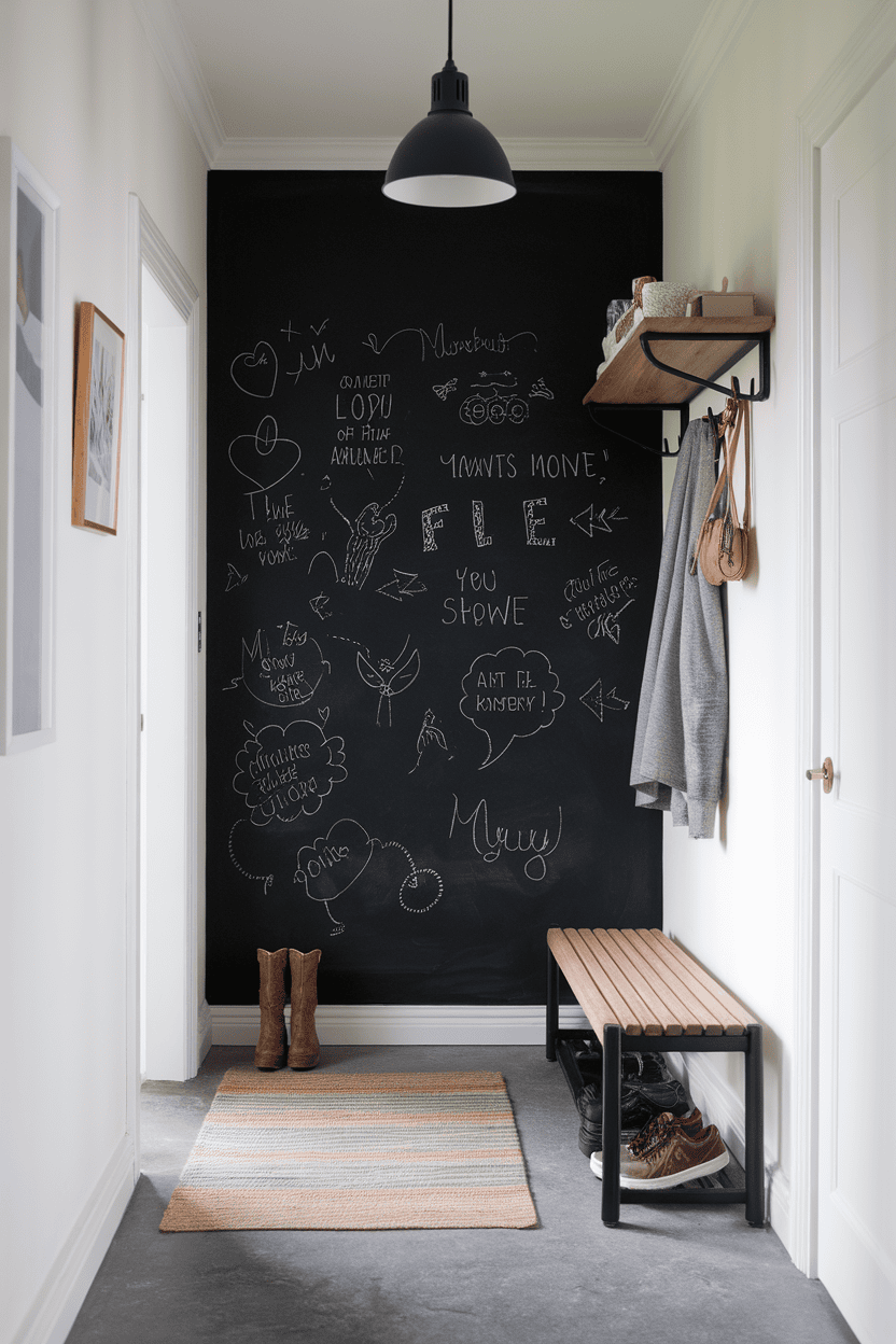 Dirty hallway with a blackboard wall with drawings and notes, a wooden bench and a soft carpet.