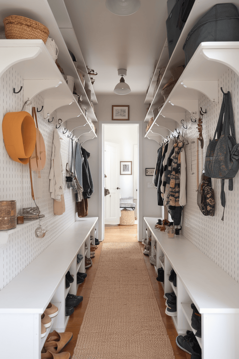 A mudroom hallway with vertical storage solutions with hooks, shelves and a natural rug