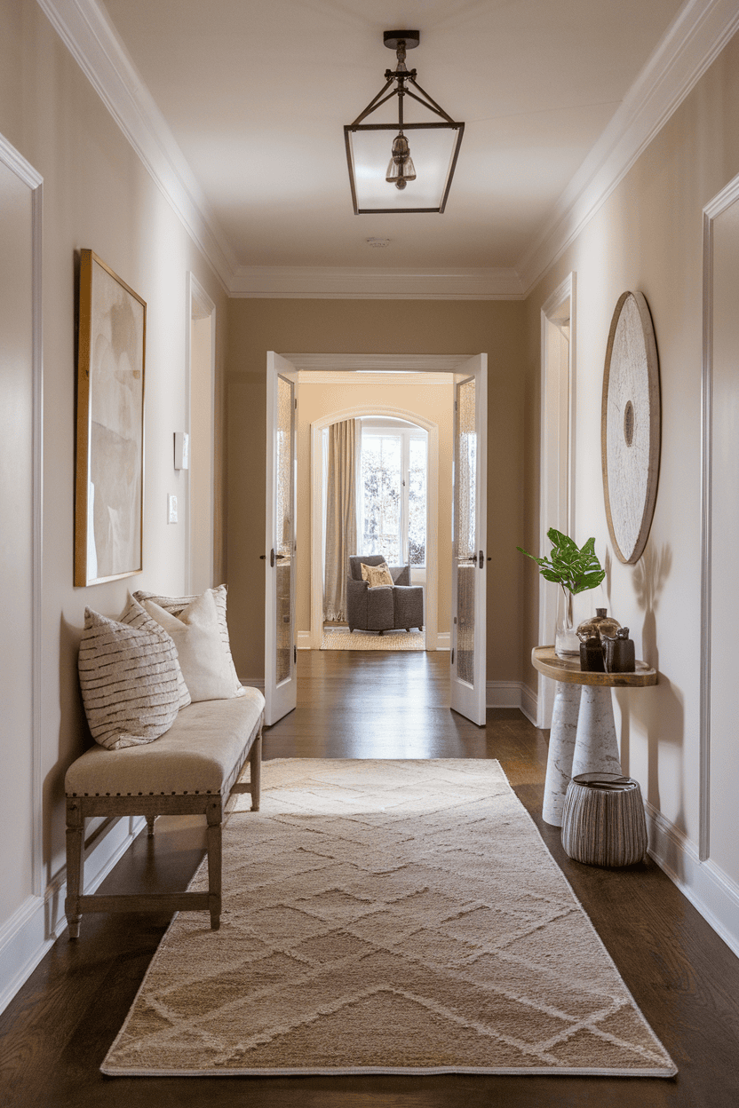 A cozy mud room hallway with soft carpet, a bench with pillows and stylish decor.