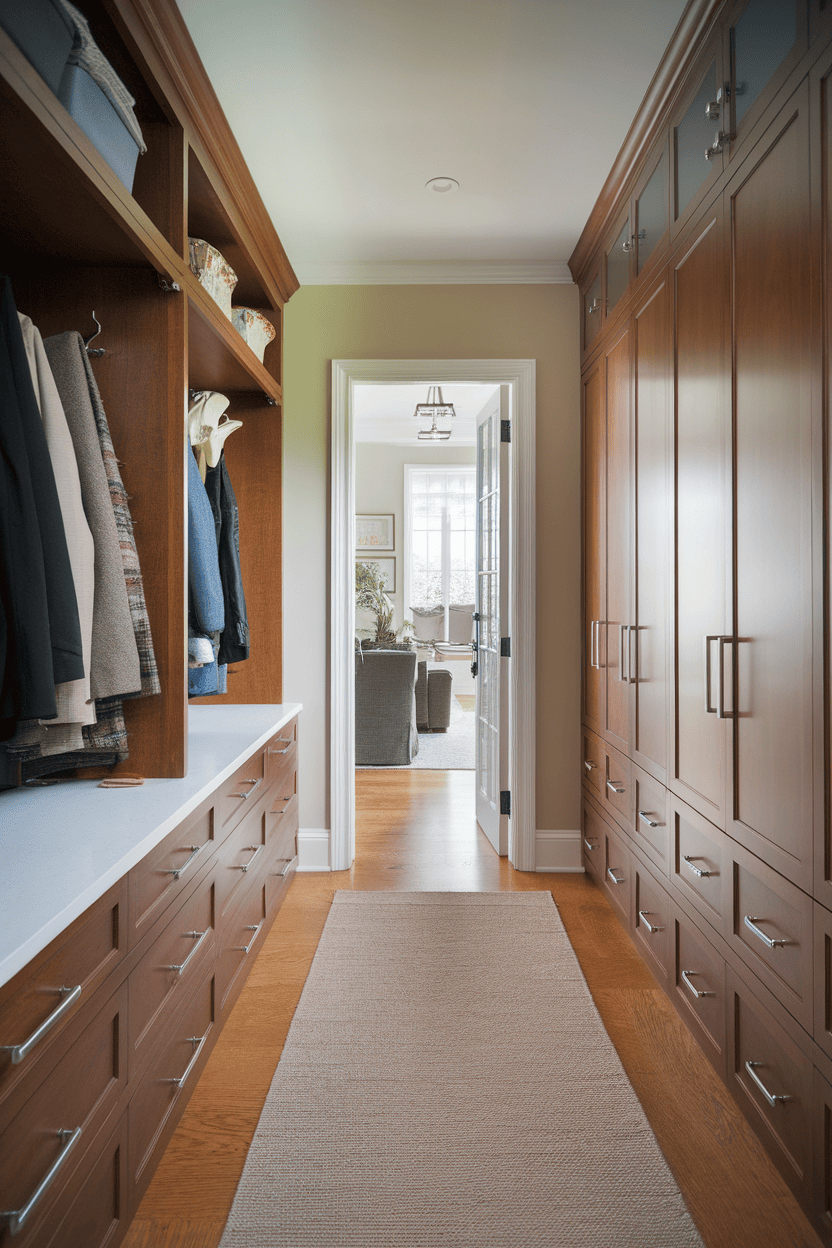 Mudroom hallway with custom closets with storage for coats and shoes