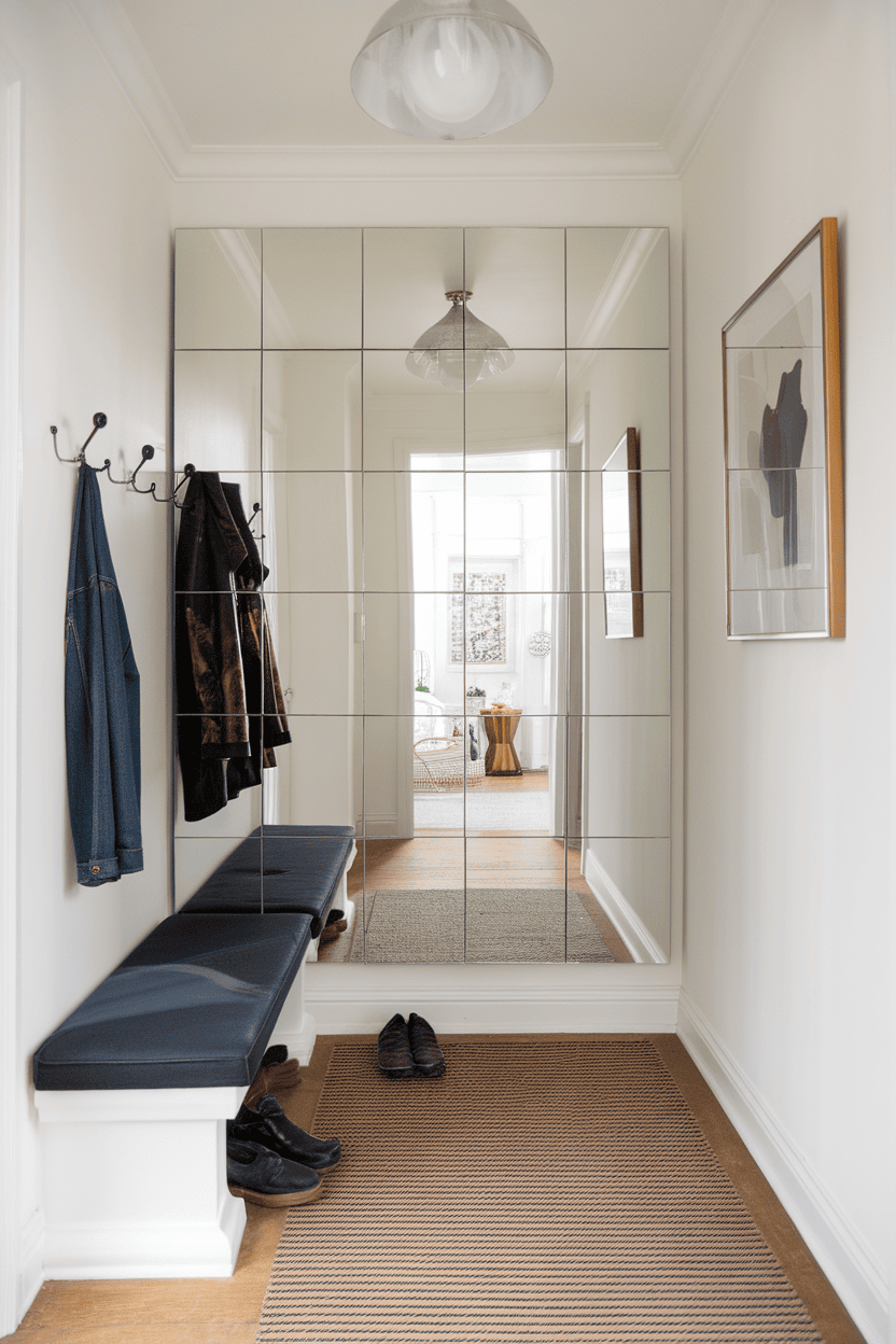 A modern hallway with a mirrored wall, a bench, hooks for coats and a view of another room.