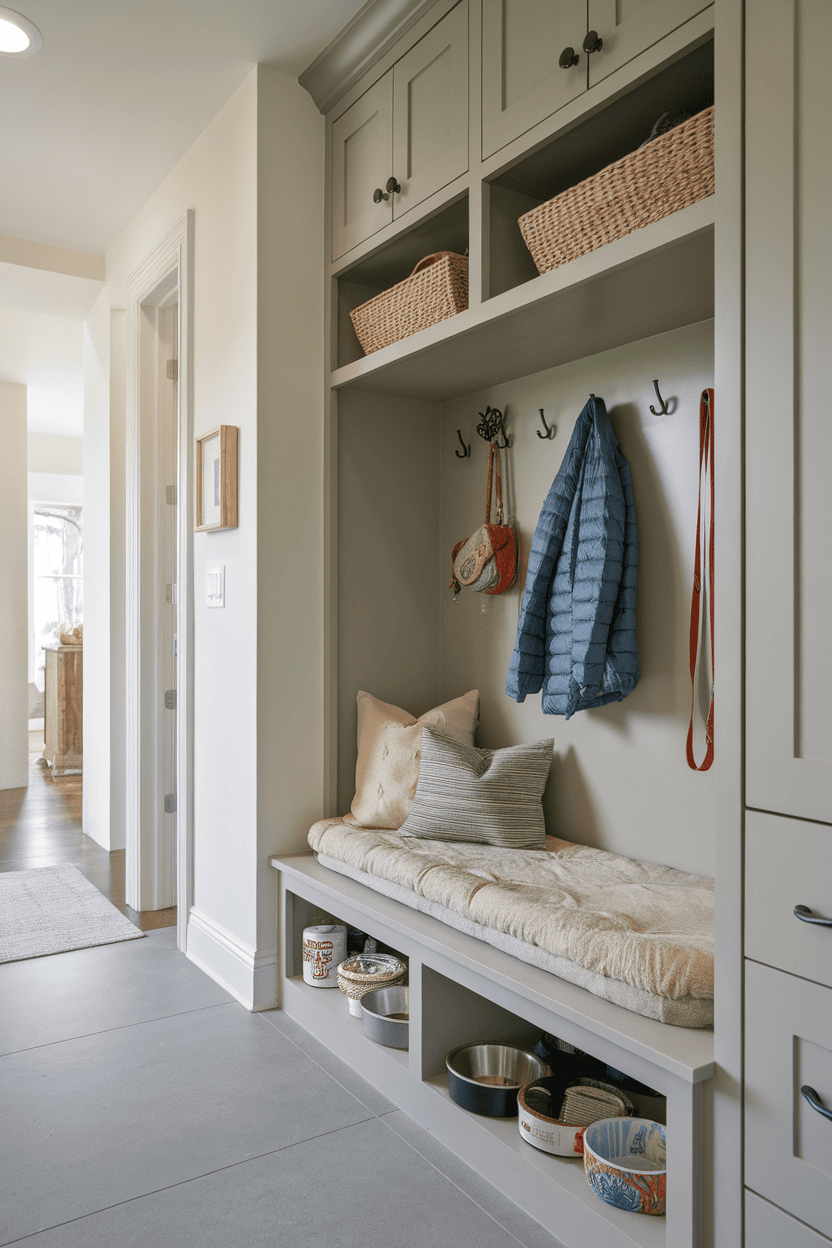 A mudroom hallway features a built-in bench with cushions, overhead baskets for storage and hooks for hanging items, and space for food bowls.