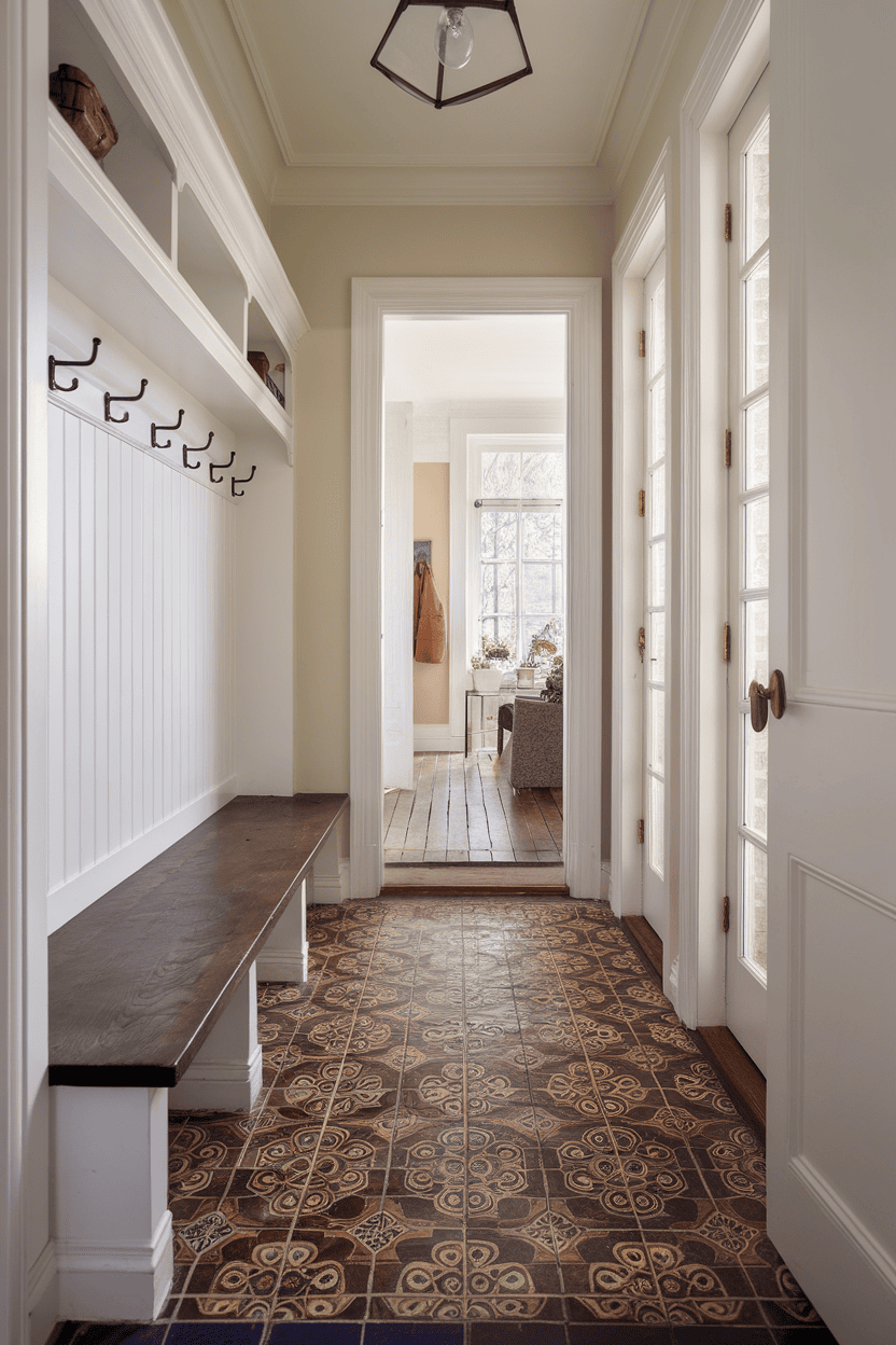 Mudroom hallway with vintage tile floor, built-in bench and coat hooks.